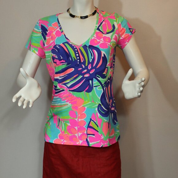 Lilly Pulitzer knit t-shirt palm print woman size medium/6 - Picture 2 of 8